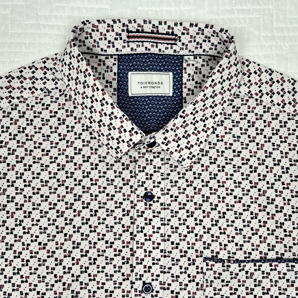 7 Diamonds 4 Way Stretch Geometric White Freedom Train Shirt Mens XL Button Up